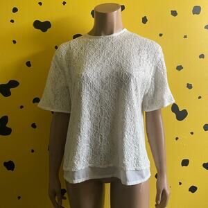 Vintage White Lace Blouse Womens M Sheer Lined Short Sleeve Cottagecore Romantic